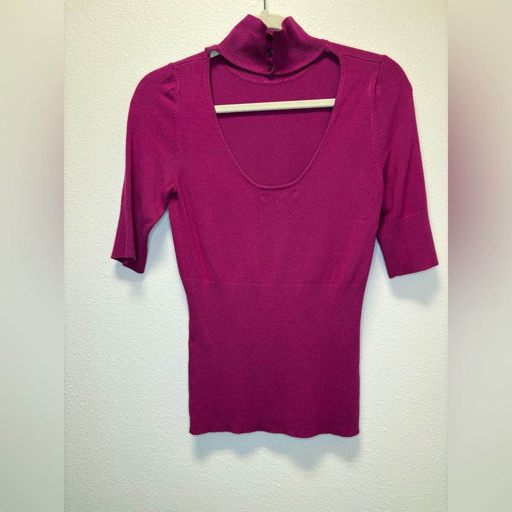Express Fuchsia Short Sleeve Sweater | Size S | Button Collar & Open Back